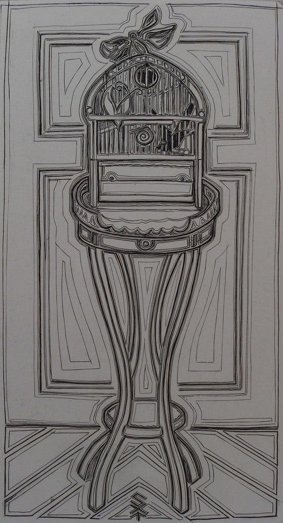 Suzanne TOURTE : La cage au guéridon - Gravure (détail)