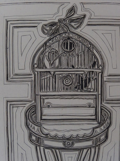 Suzanne TOURTE : La cage au guéridon - Gravure (détail)