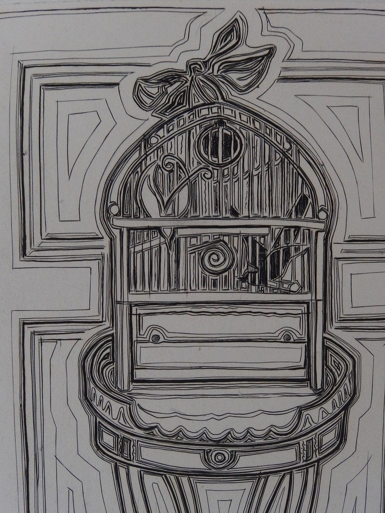 Suzanne TOURTE : La cage au guéridon - Gravure (détail)
