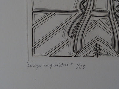 Suzanne TOURTE : La cage au guéridon - Gravure (détail)