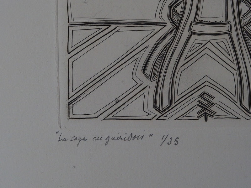 Suzanne TOURTE : La cage au guéridon - Gravure (détail)