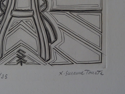 Suzanne TOURTE : La cage au guéridon - Gravure (détail)