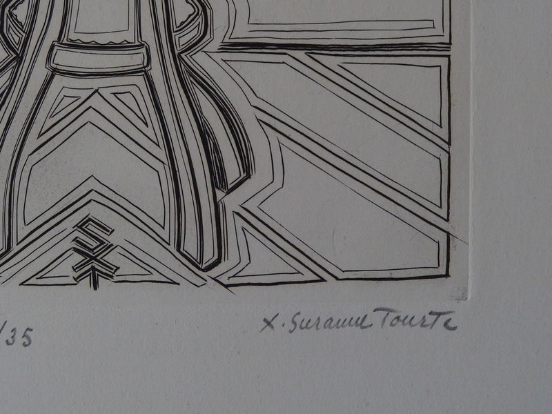 Suzanne TOURTE : La cage au guéridon - Gravure (détail)