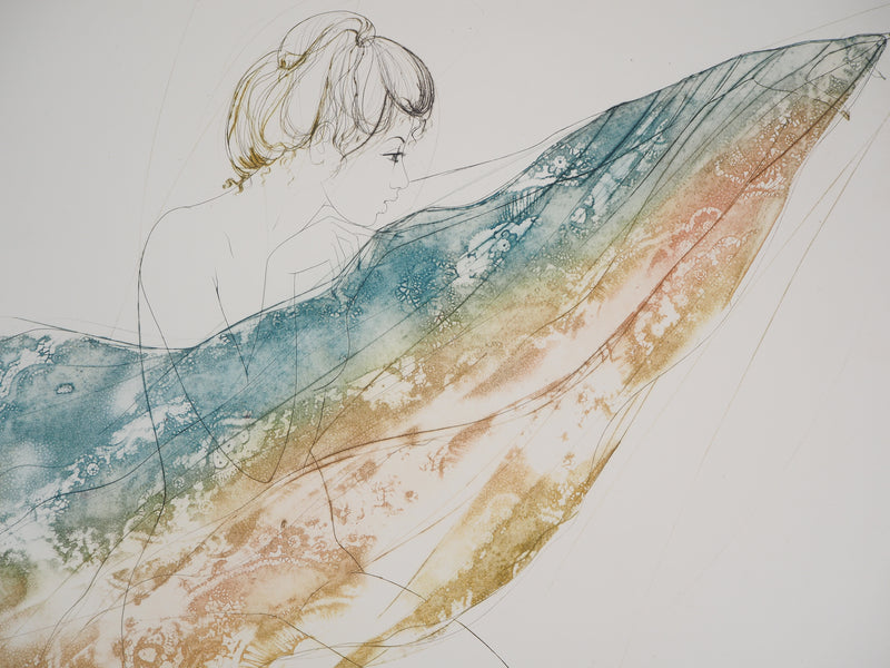 Jean-Baptiste VALADIE : Femme au drap arc en ciel - Gravure (détail)