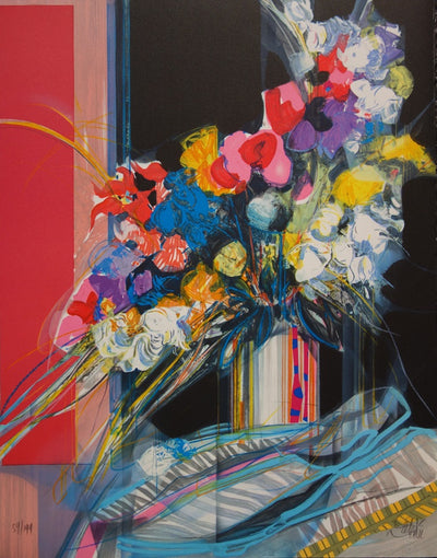 Jean-Baptiste VALADIE : Bouquet bleu, blanc et rouge, Lithographie originale (vue générale) - Crédit photo : Galerie Art.Paris
