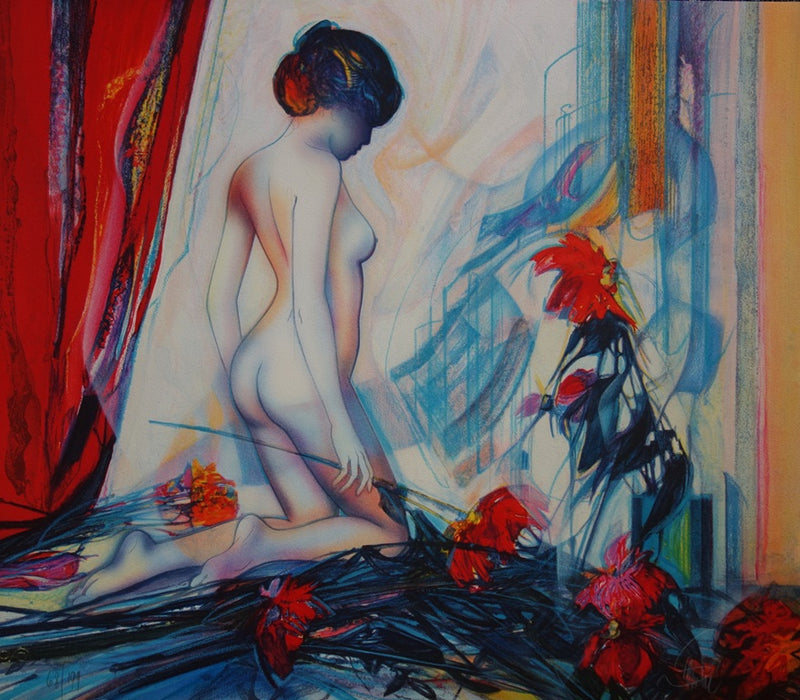 Jean-Baptiste VALADIE : Nu aux dahlias, Lithographie originale (vue générale) - Crédit photo : Galerie Art.Paris