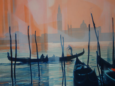 Jean-Baptiste VALADIE : Gondoles et Lagune à Venise - Lithographie (détail)