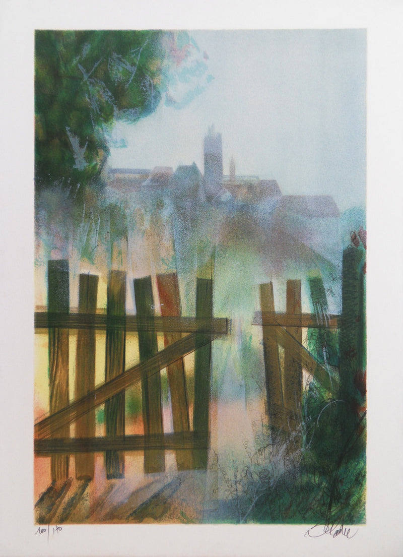 Jean-Baptiste VALADIE : Limoge : Brume sur Felletin, 1977 - Lithographie