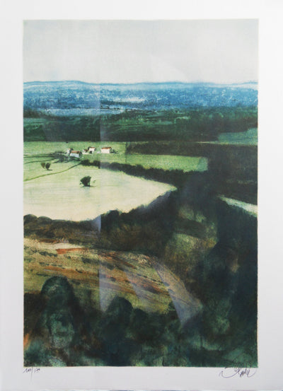 Jean-Baptiste VALADIE : Limousin : paysage champêtre (plateau des Millevaches), 1977 - Lithographie (détail)