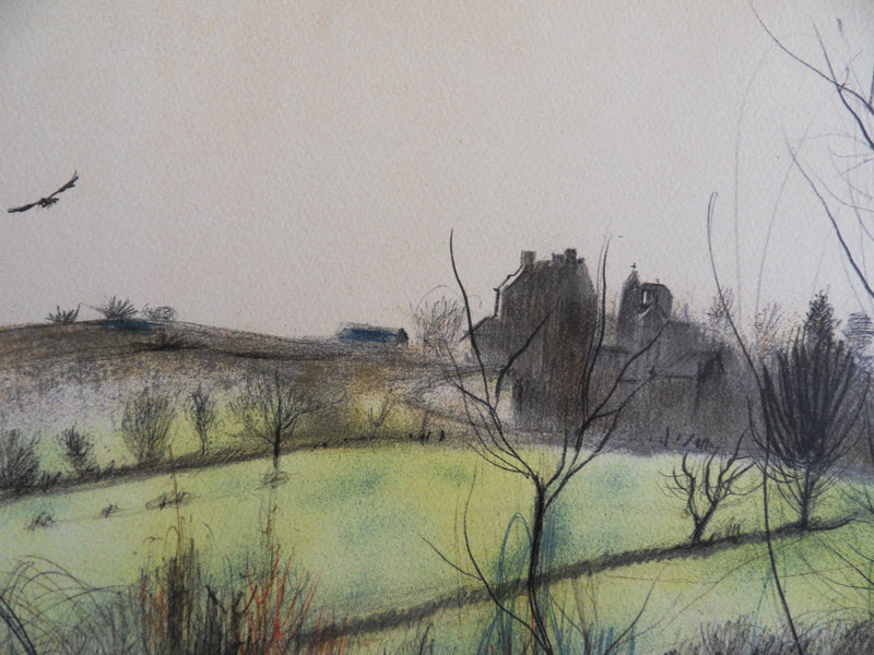 Jean-Baptiste VALADIE : Limousin : vue sur Noailles, 1977 - Lithographie (détail)