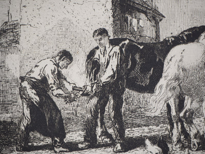 Jules-Jacques VEYRASSAT : Un maréchal à Moret - Gravure (détail)