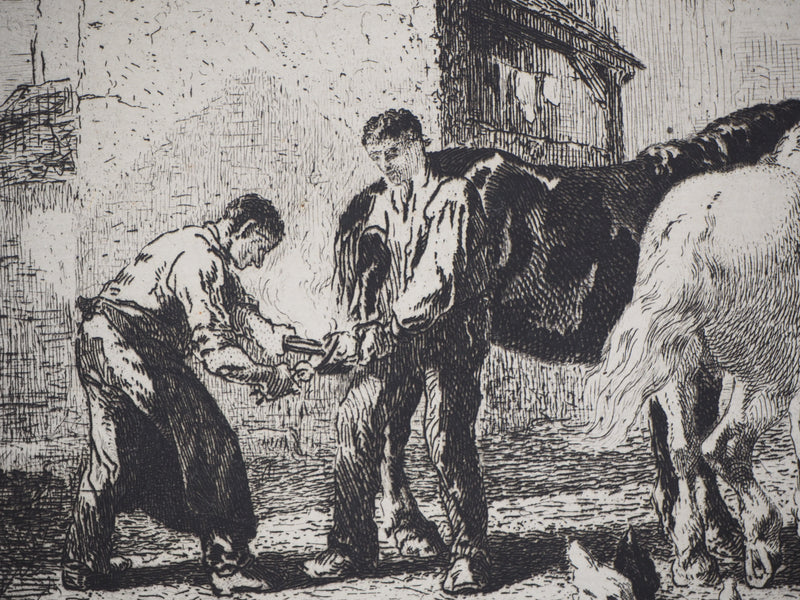 Jules-Jacques VEYRASSAT : Un maréchal à Moret - Gravure (détail)