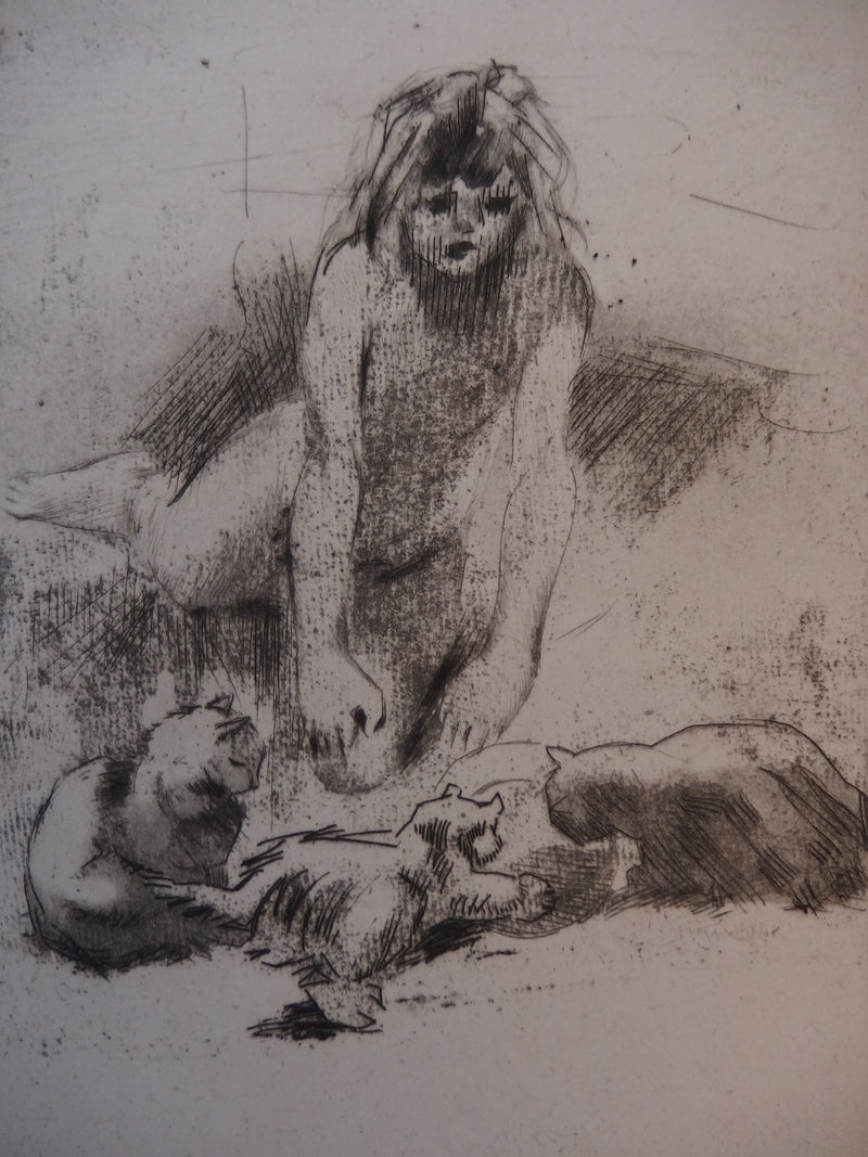 Jacques VILLON : Minne et les chats buvant (1907) - Gravure