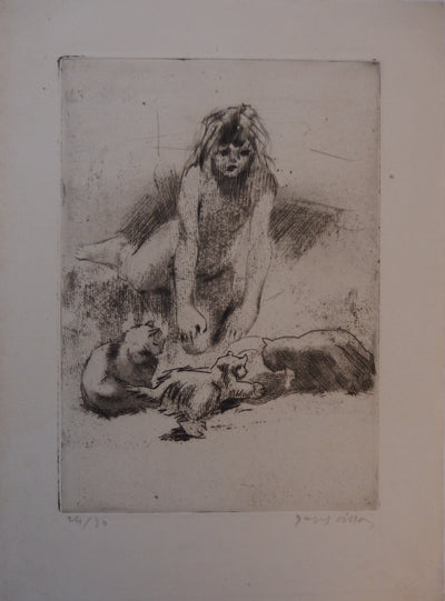 Jacques VILLON : Minne et les chats buvant (1907) - Gravure (détail)