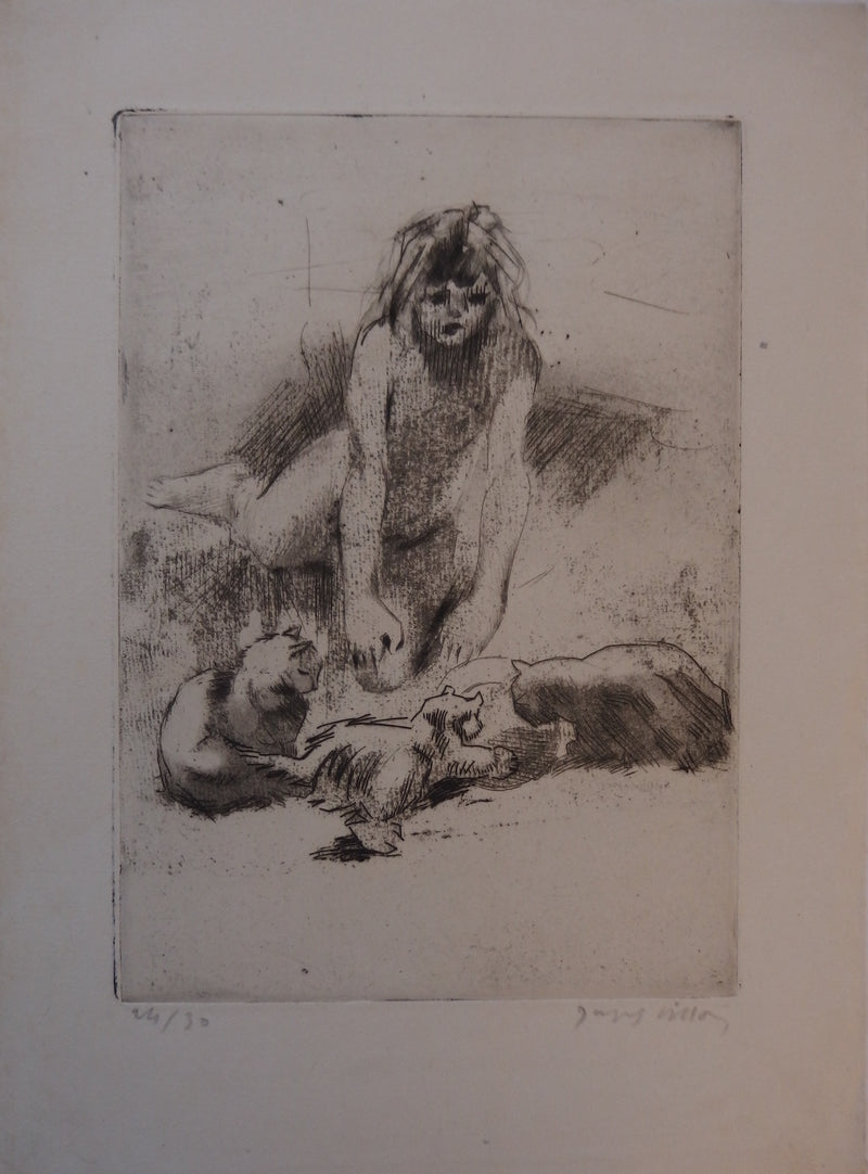 Jacques VILLON : Minne et les chats buvant (1907) - Gravure (détail)