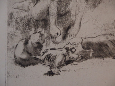 Jacques VILLON : Minne et les chats buvant (1907) - Gravure (détail)