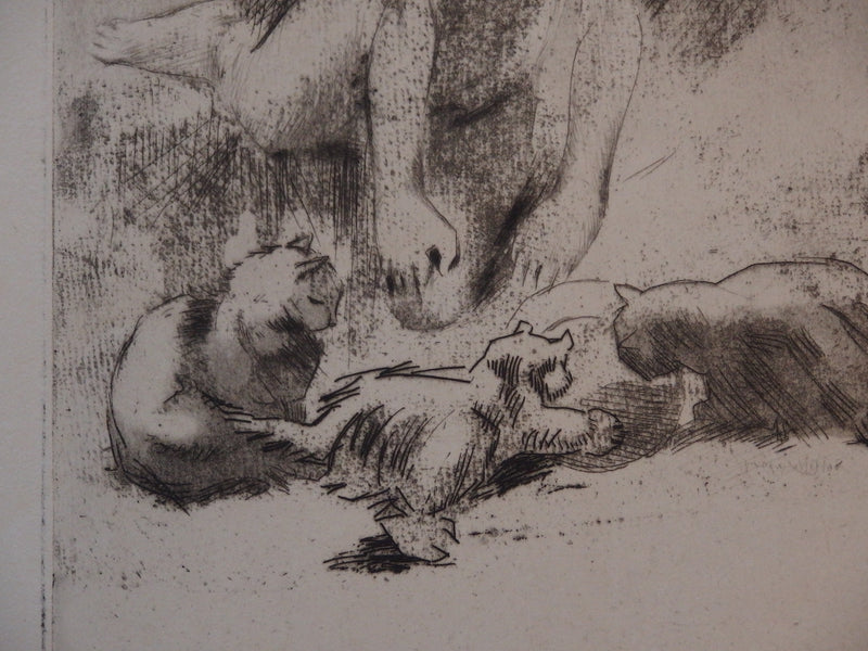 Jacques VILLON : Minne et les chats buvant (1907) - Gravure (détail)