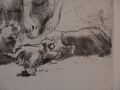 Jacques VILLON : Minne et les chats buvant (1907) - Gravure (détail)