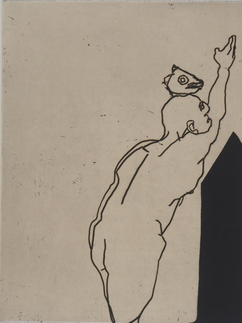 François VINCENT : Homme et tête de poisson, 1993 - Gravure