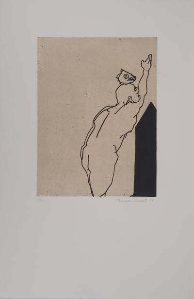 François VINCENT : Homme et tête de poisson, 1993 - Gravure (détail)
