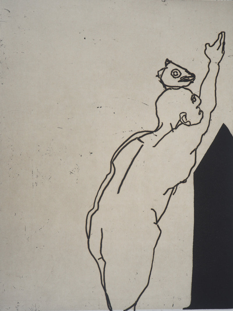 François VINCENT : Homme et tête de poisson, 1993 - Gravure (détail)