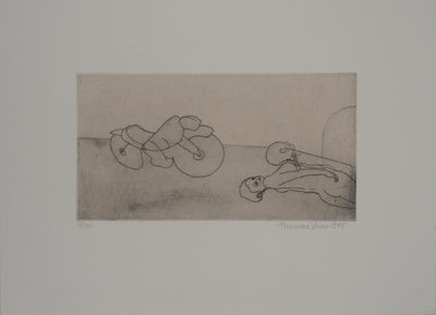 François VINCENT : Le motard et le modèle, 1995 - Gravure (détail)