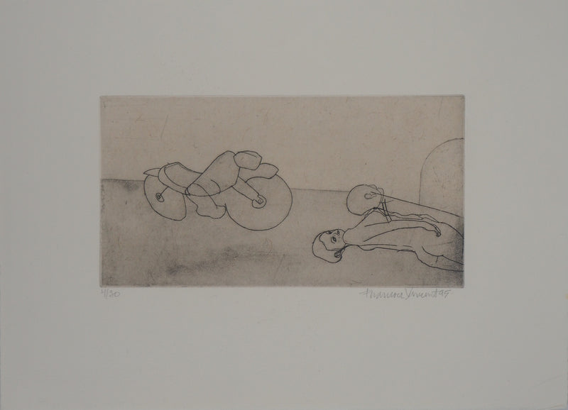 François VINCENT : Le motard et le modèle, 1995 - Gravure (détail)