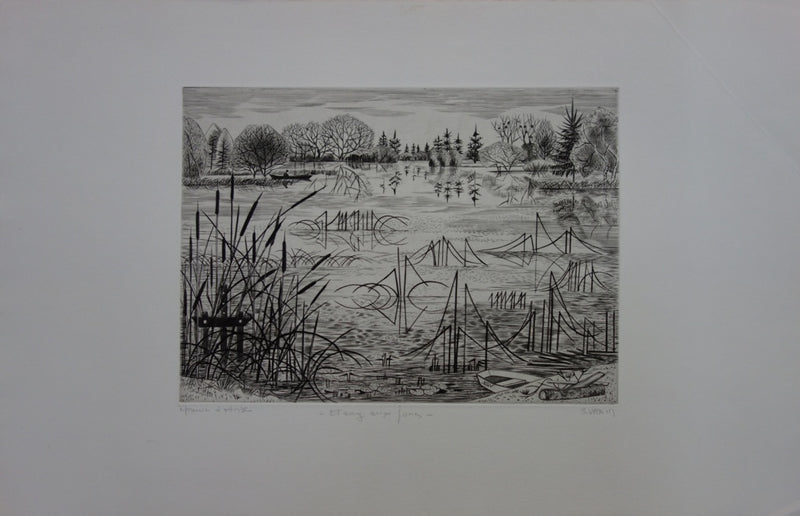 Simone VRAIN : Étang aux joncs - Gravure