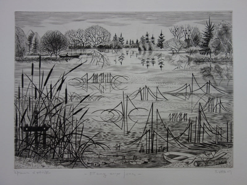 Simone VRAIN : Étang aux joncs - Gravure (détail)
