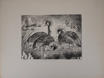 Simone VRAIN : Les grues couronnées - Gravure (détail)
