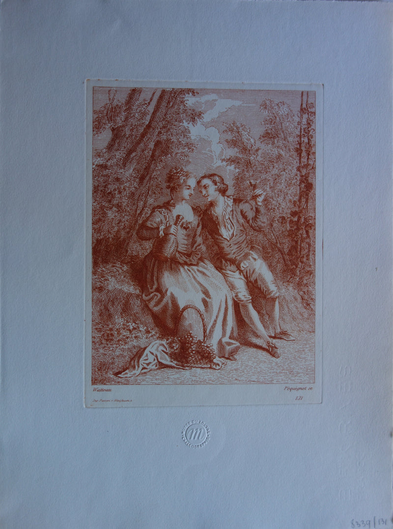 Antoine WATTEAU : Scène champêtre en forêt - Gravure (détail)