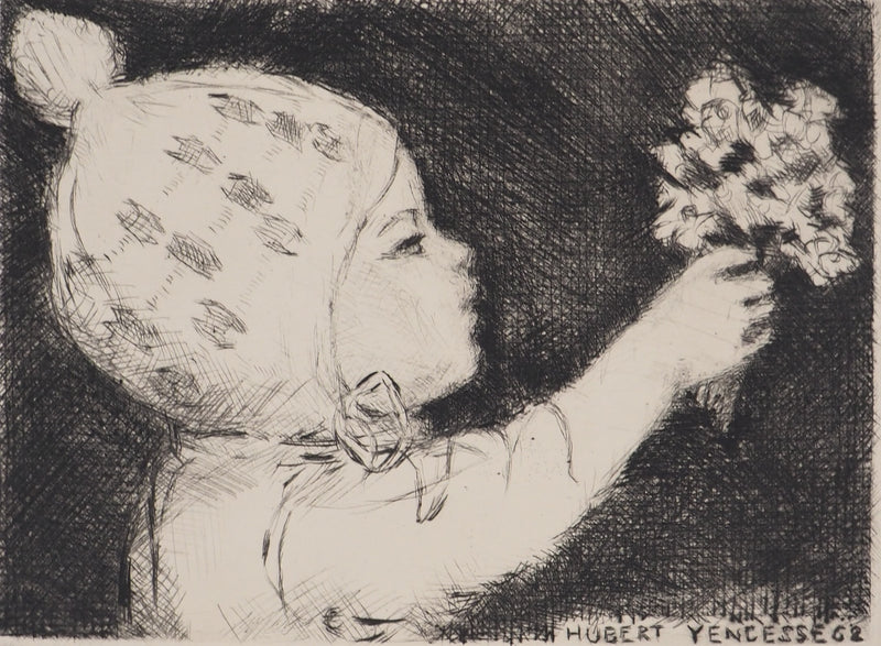 Hubert YENCESSE : Petit fille au bouquet - Gravure