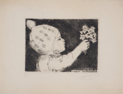 Hubert YENCESSE : Petit fille au bouquet - Gravure (détail)