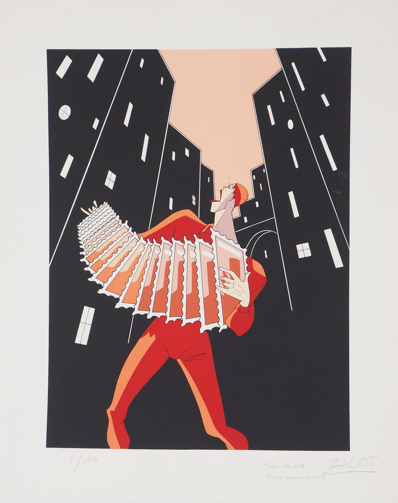 Fernand ZACOT : Le musicien - Lithographie (détail)
