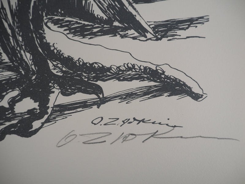 Ossip ZADKINE : Mythologie : Mythologie Hercule et les oiseaux du lac Stymphale, 1960 - Lithographie (détail)