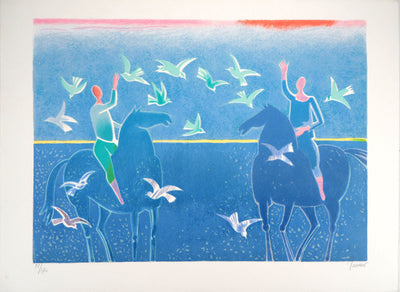 Albert ZAVARO : Cavaliers à la plage : la magie des oiseaux, Lithographie originale (vue générale) - Crédit photo : Galerie Art.Paris