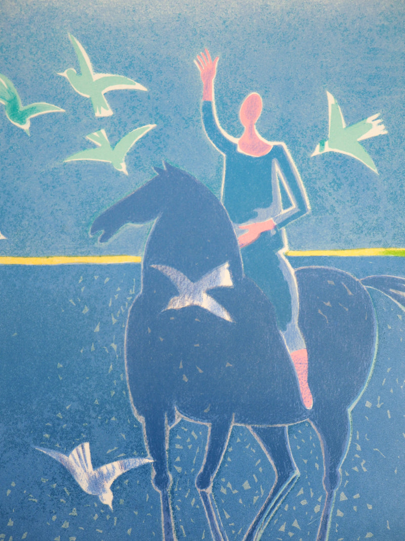 Albert ZAVARO : Cavaliers à la plage : la magie des oiseaux, Lithographie originale (photo de détail 4) - Crédit photo : Galerie Art.Paris
