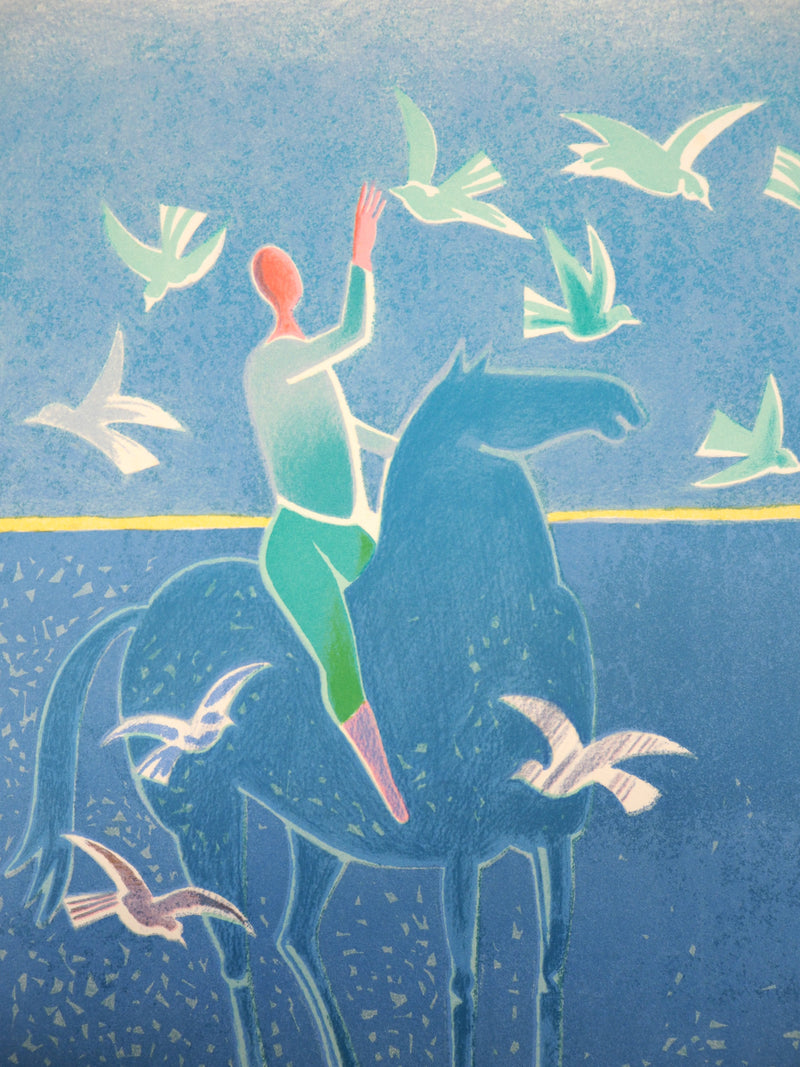 Albert ZAVARO : Cavaliers à la plage : la magie des oiseaux, Lithographie originale (photo de détail 7) - Crédit photo : Galerie Art.Paris