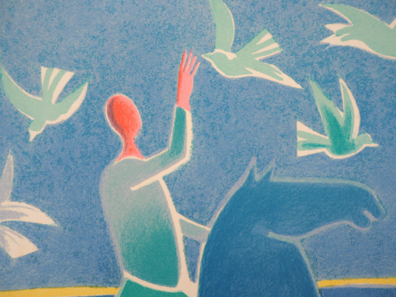 Albert ZAVARO : Cavaliers à la plage : la magie des oiseaux, Lithographie originale (photo de détail 8) - Crédit photo : Galerie Art.Paris